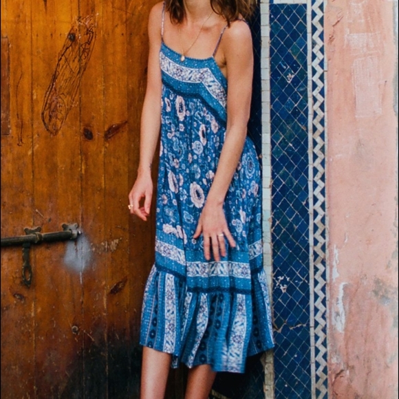 Spell Blue Floral Zahara Metallic Midi Boho Dress - Picture 7 of 16